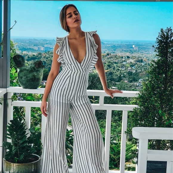 Pants - White and Black Stripe Ruffle Shoulder Jumpsuit